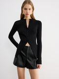 Button V-Neck Knit Top in Black — Svelte Chic