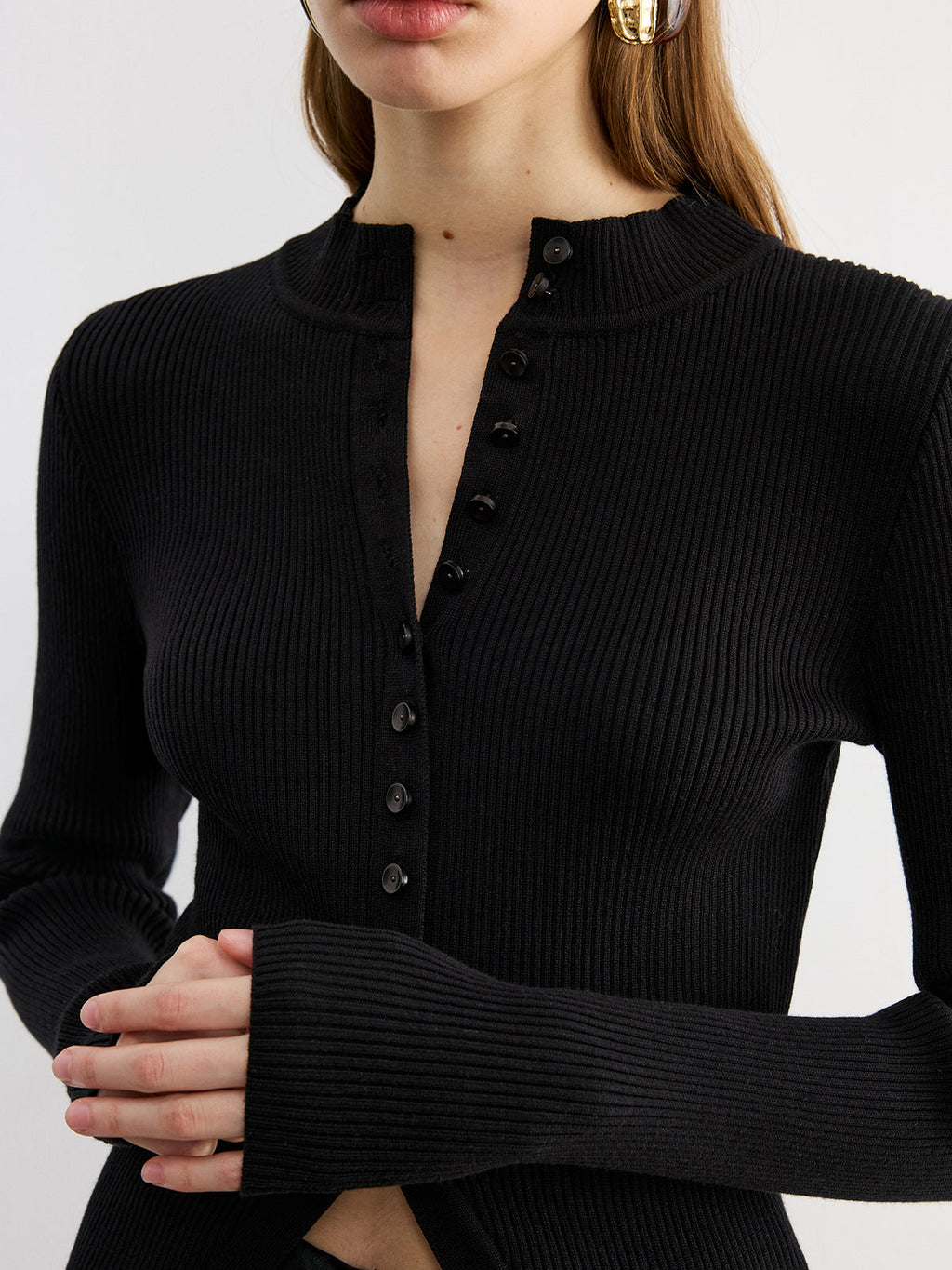 Button V-Neck Knit Top — Svelte Chic