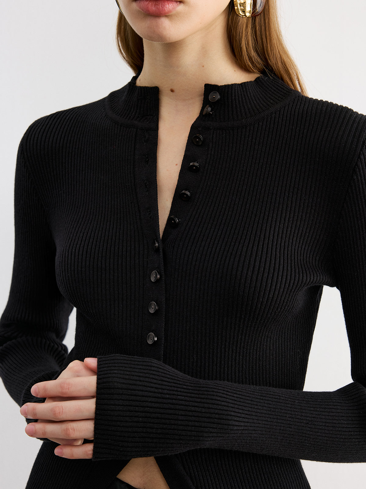 Button V-Neck Knit Top — Svelte Chic