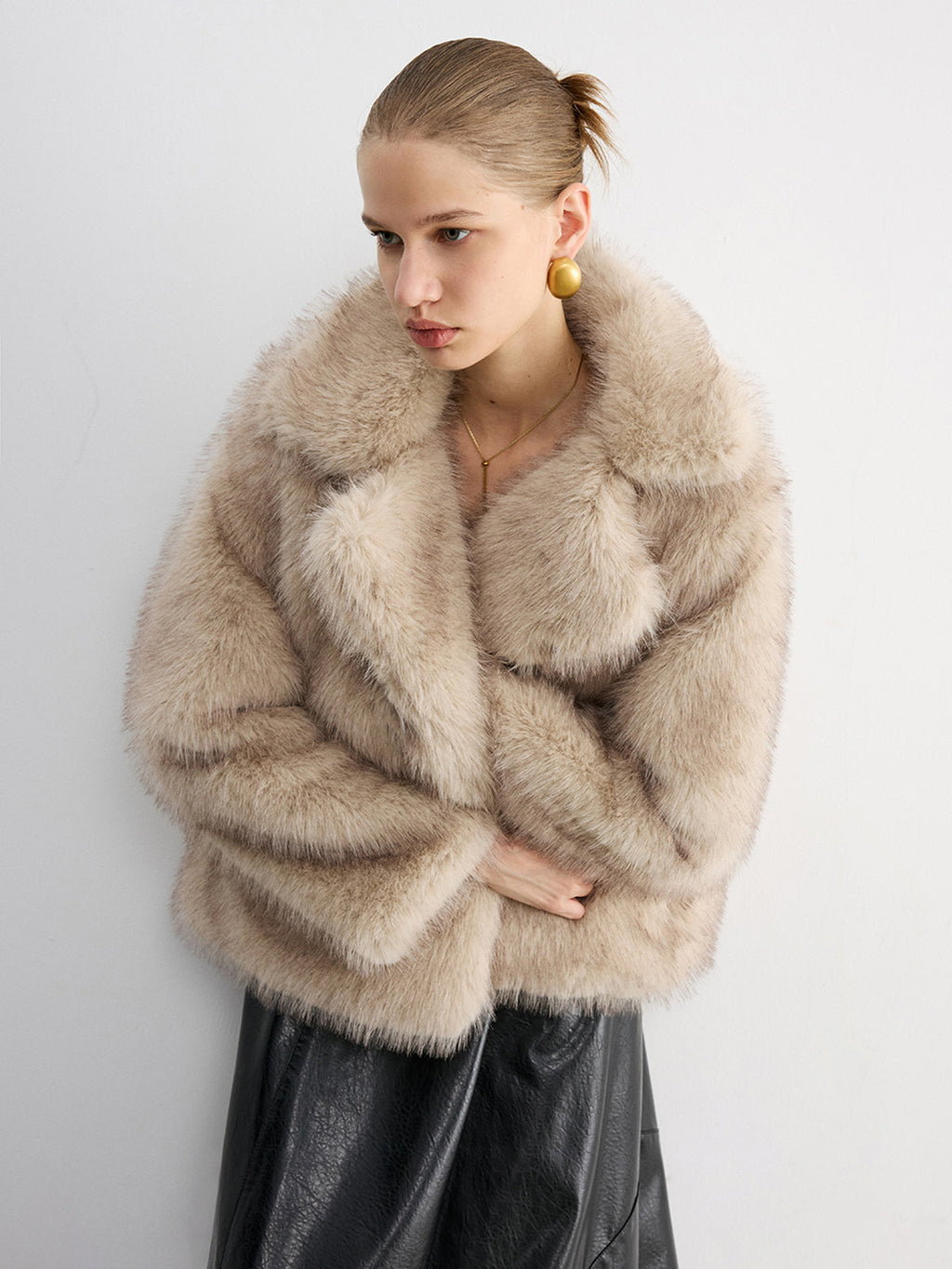 Shawl Collar Plush Cropped Coat in Khaki — Svelte Chic