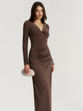 Draped Lace V-Neck Maxi Dress in Brown — Svelte Chic