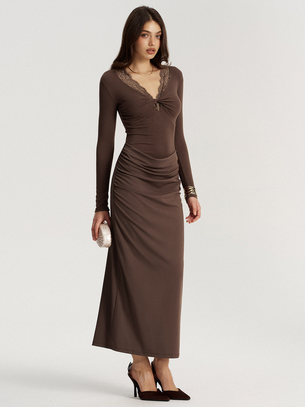 Draped Lace V-Neck Maxi Dress — Svelte Chic