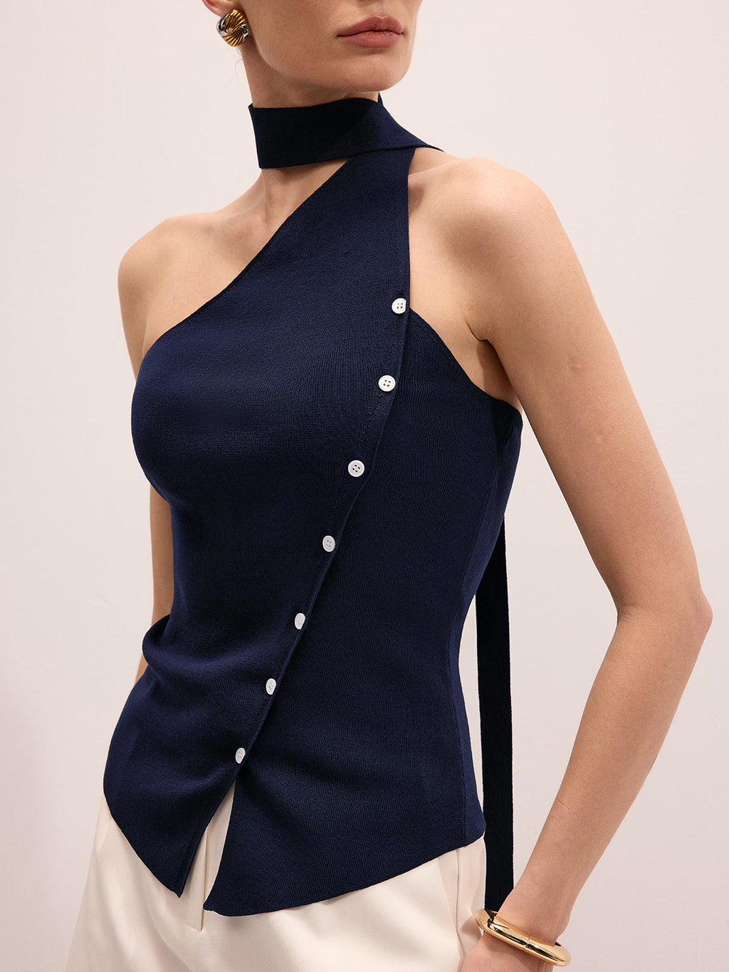 One Shoulder Button Tie Knit Top — Svelte Chic