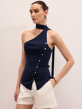 One Shoulder Button Tie Knit Top — Svelte Chic
