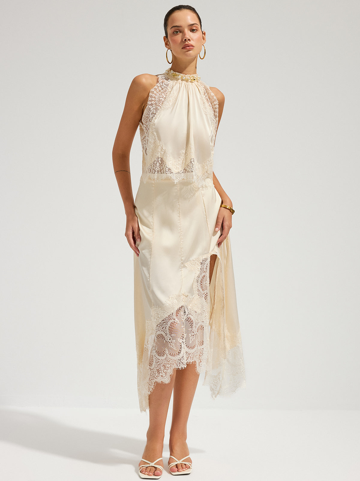 Lace Trim Satin Top and Skirt Set — Svelte Chic