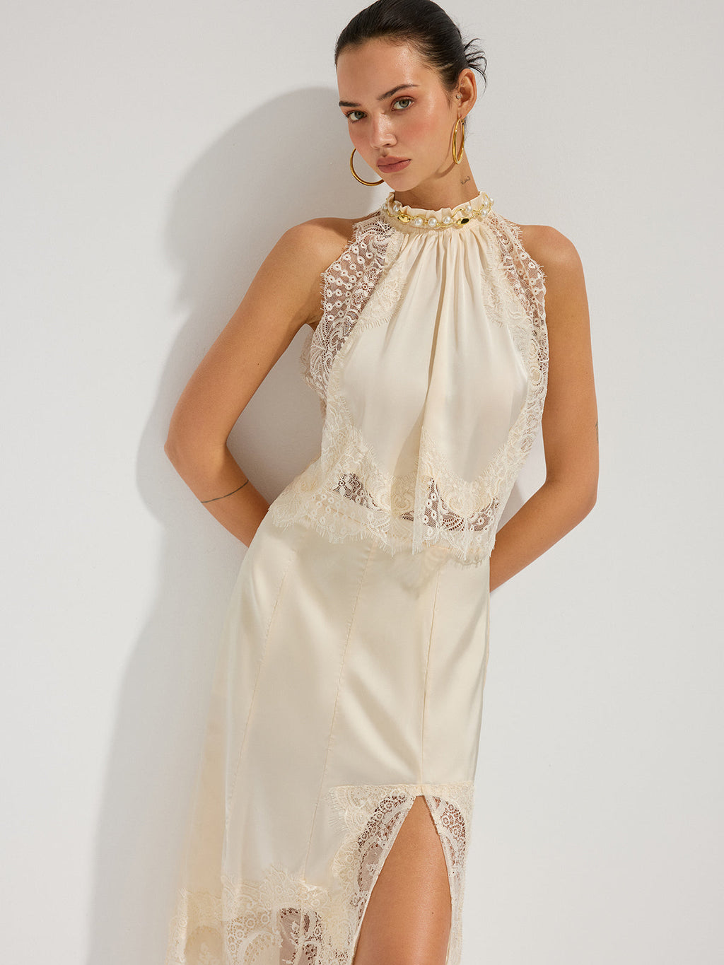 Lace Trim Satin Top and Skirt Set — Svelte Chic