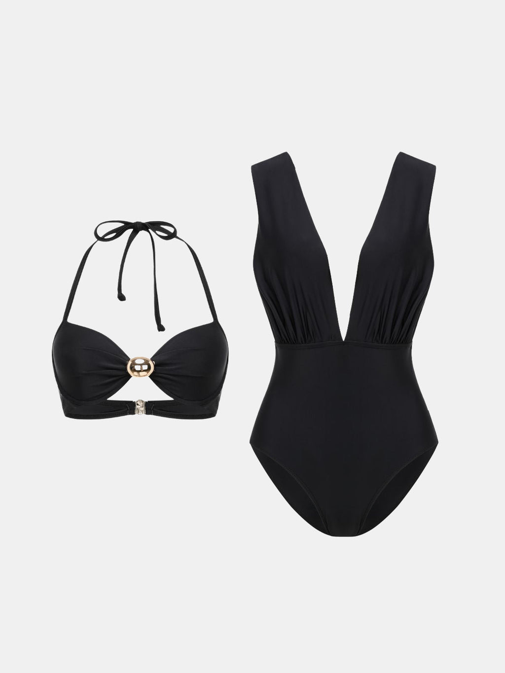 Metal Buckle Deep V Swimsuit — Svelte Chic