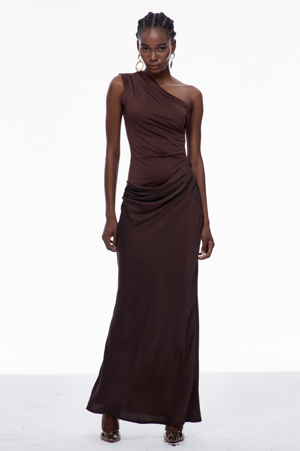 One Shoulder Satin Maxi Dress in Brown — Svelte Chic