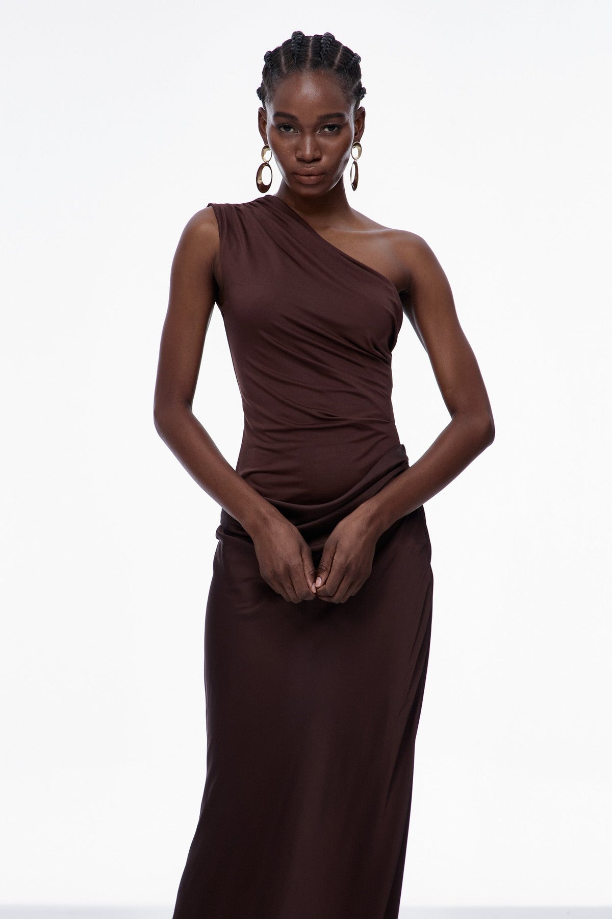 One Shoulder Satin Maxi Dress in Brown — Svelte Chic