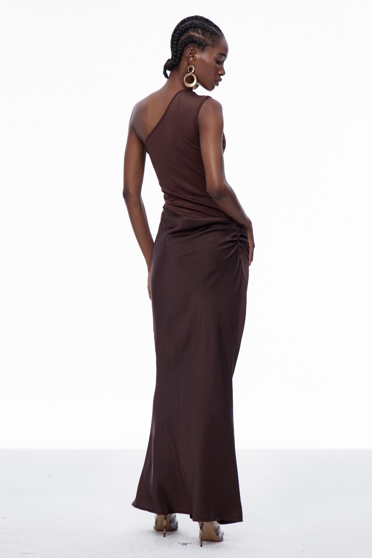 One Shoulder Satin Maxi Dress in Brown — Svelte Chic