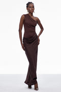 One Shoulder Satin Maxi Dress in Brown — Svelte Chic