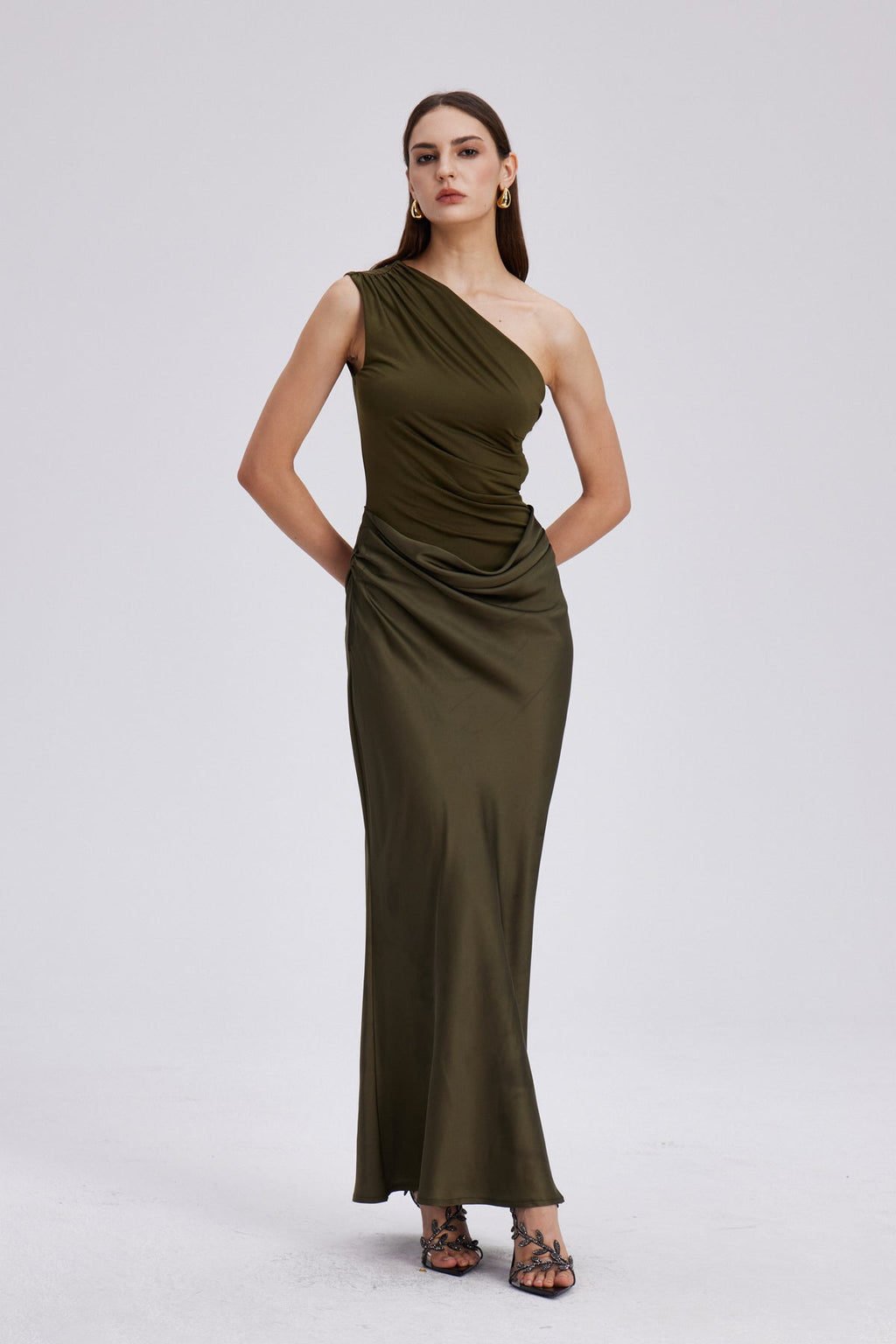 One Shoulder Satin Maxi Dress in Khaki — Svelte Chic