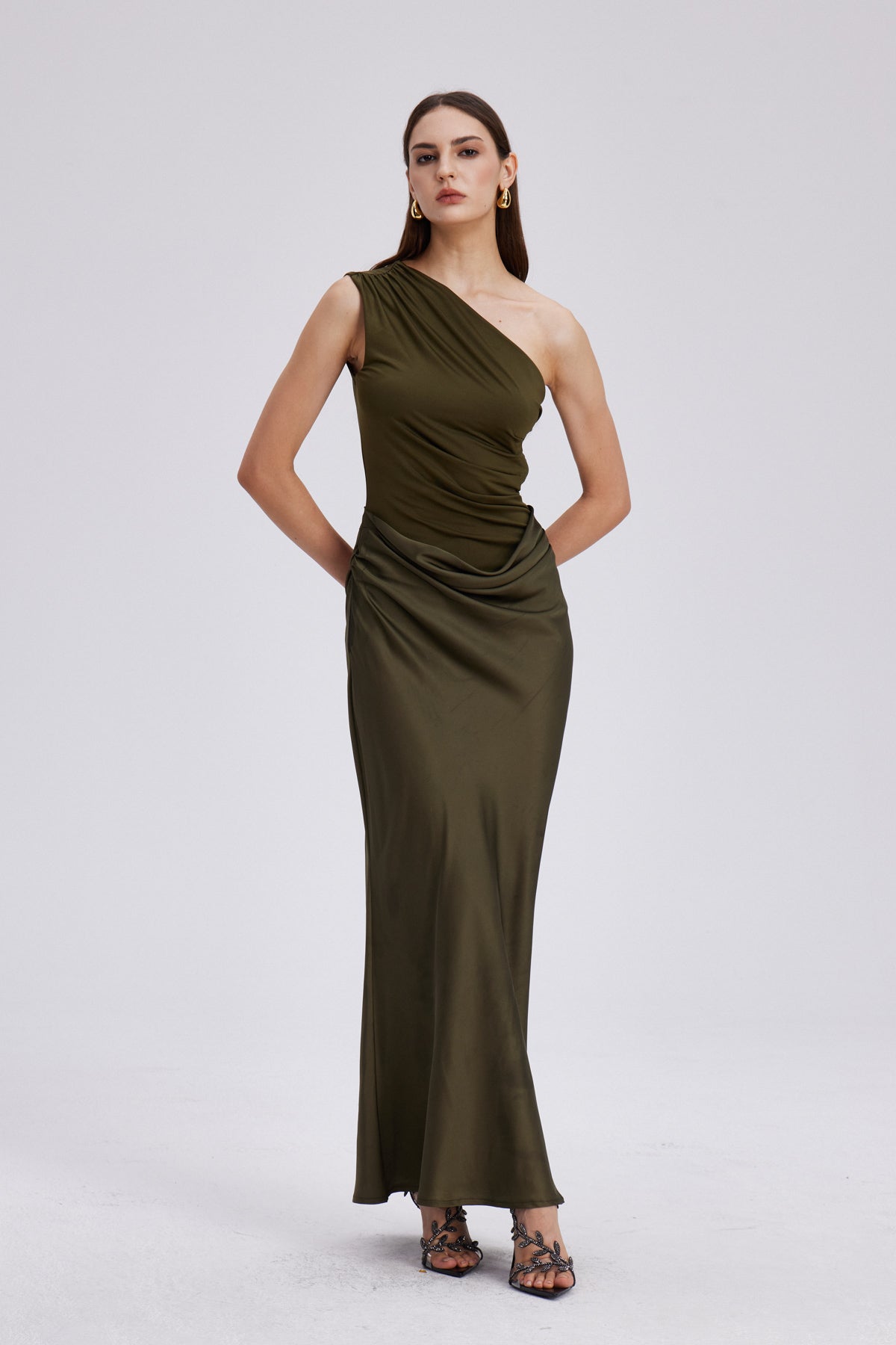 One Shoulder Satin Maxi Dress in Khaki — Svelte Chic