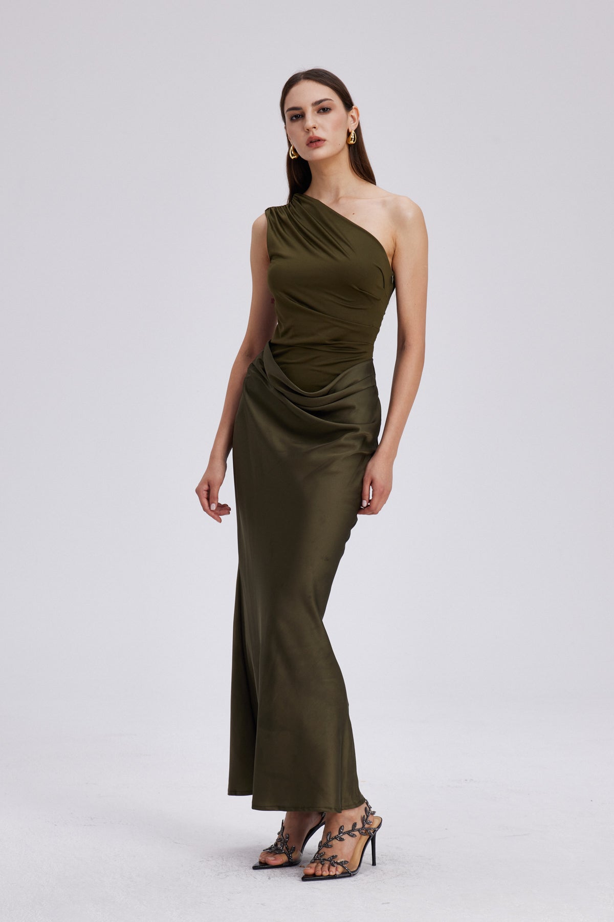 One Shoulder Satin Maxi Dress in Khaki — Svelte Chic