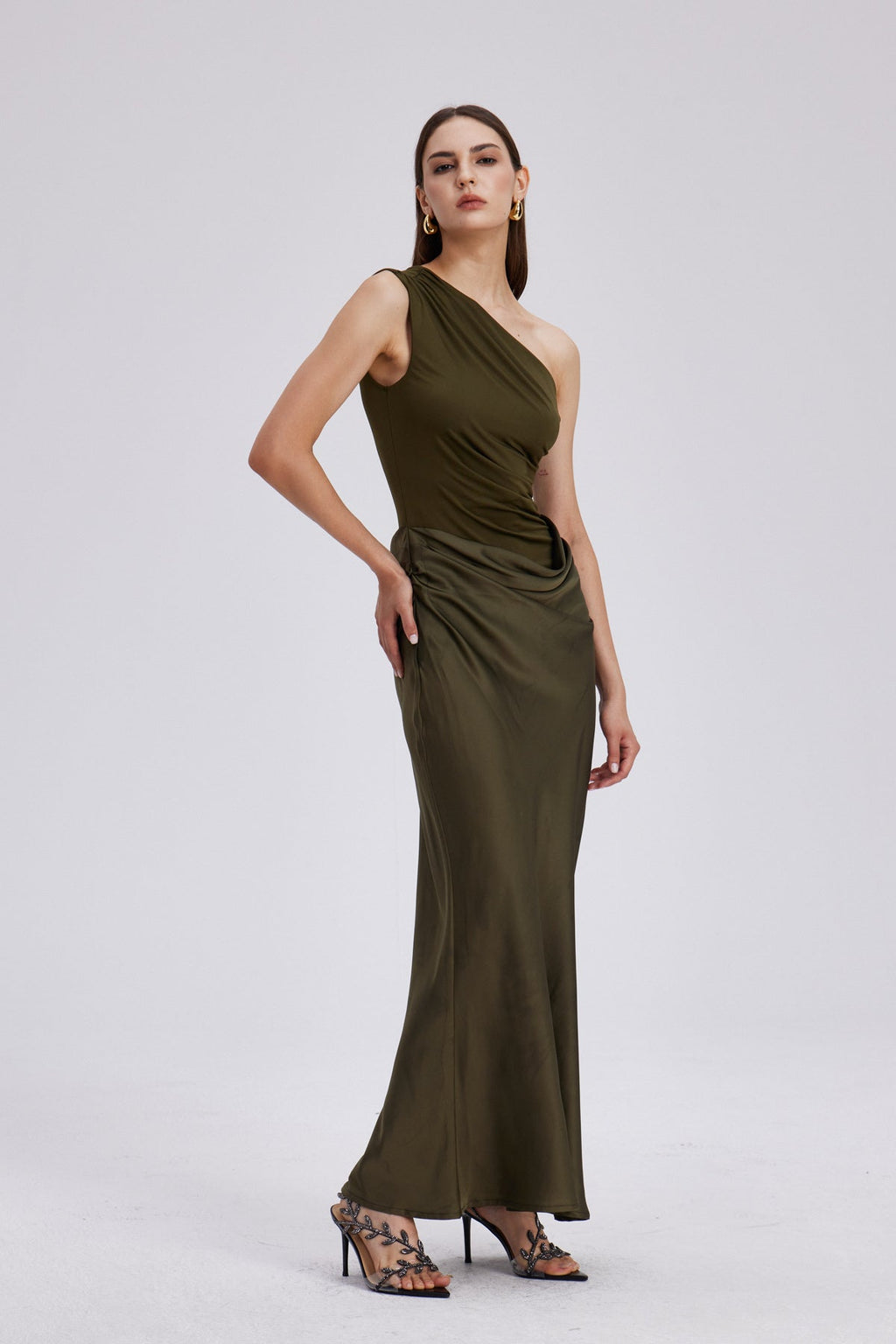 One Shoulder Satin Maxi Dress in Khaki — Svelte Chic