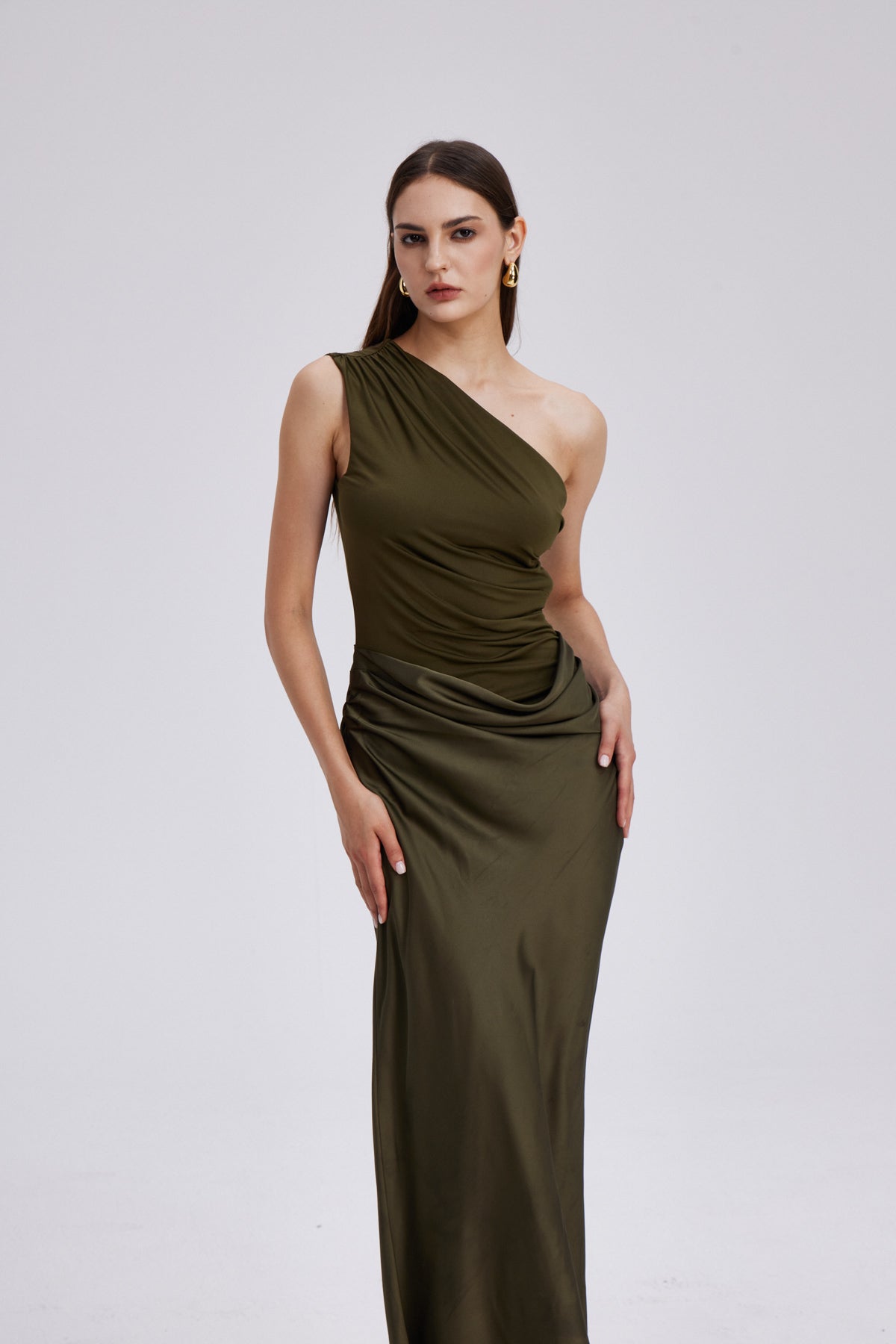 One Shoulder Satin Maxi Dress in Khaki — Svelte Chic