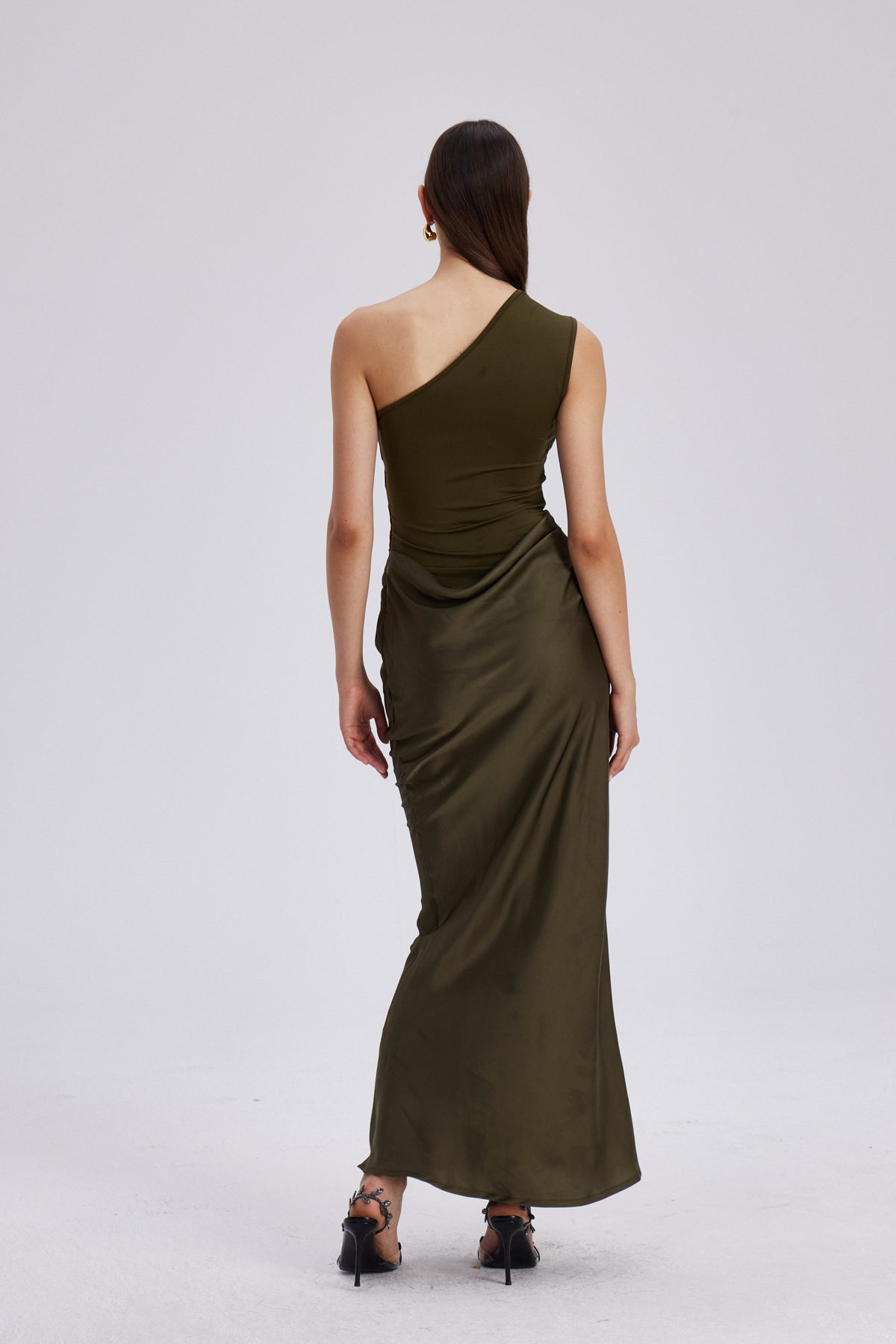 One Shoulder Satin Maxi Dress in Khaki — Svelte Chic