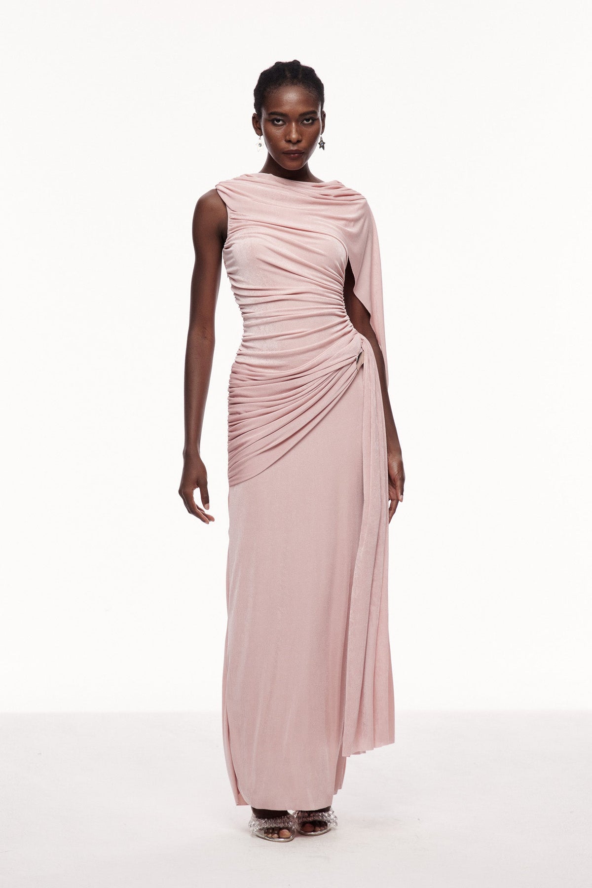 One Shoulder Shawl Maxi Dress in Pink — Svelte Chic