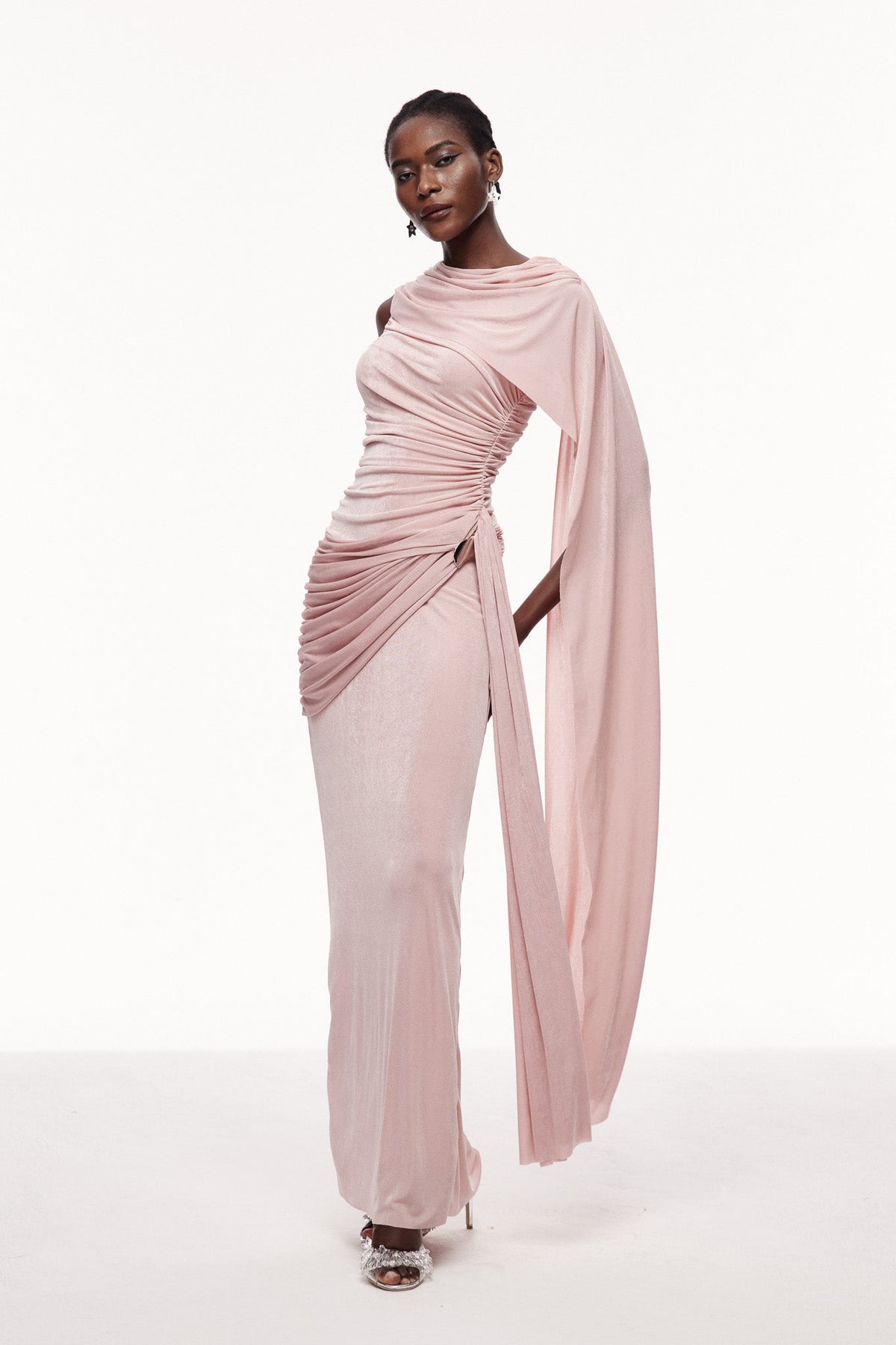 One Shoulder Shawl Maxi Dress in Pink — Svelte Chic