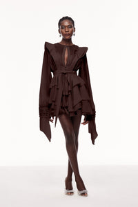 Kahverengi Volanlı Mini Elbise