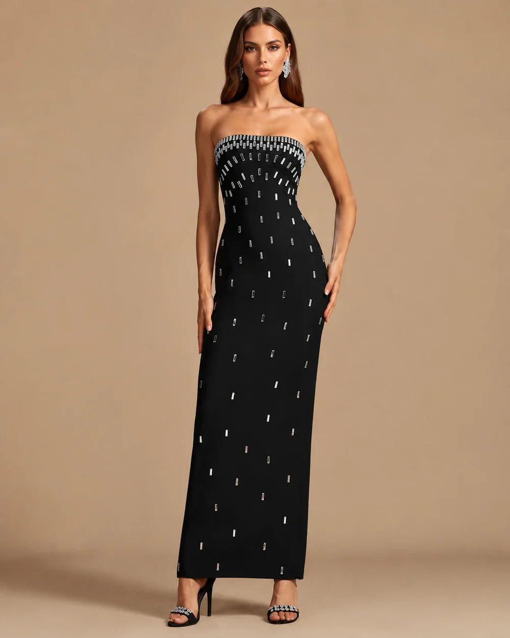 Princess Strapless Rhinestone Satin Maxi Dress in Black — Svelte Chic