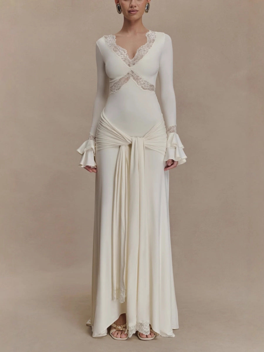 Lace Insert Maxi Dress in Ivory — Svelte Chic