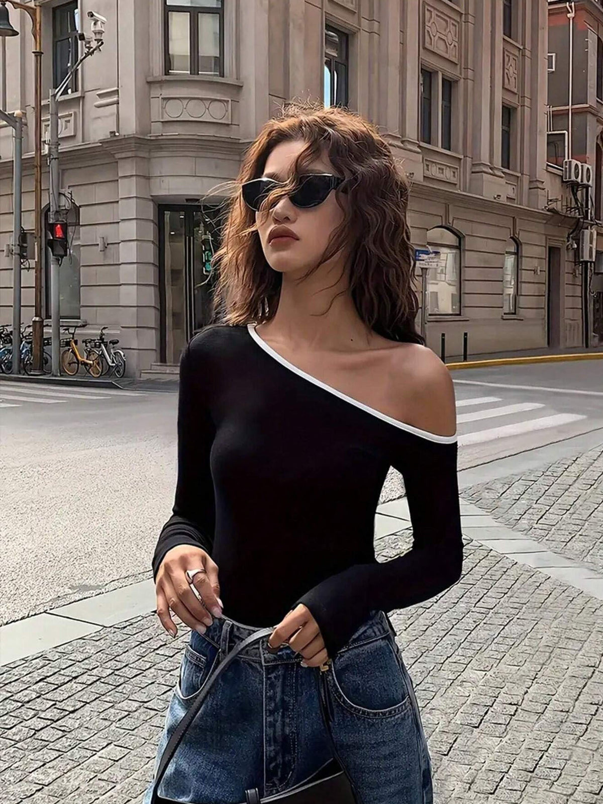 Contrast Asymmetric Collar Top — Svelte Chic