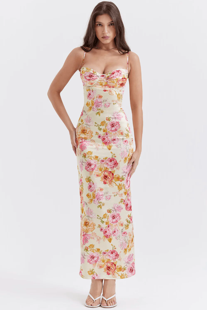 Amelia Floral Satin Maxi Dress in Floral Pink — Svelte Chic