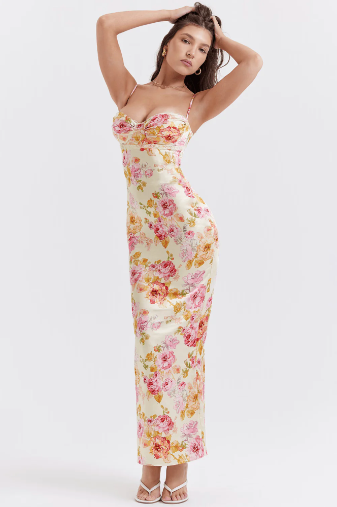 Amelia Floral Satin Maxi Dress — Svelte Chic
