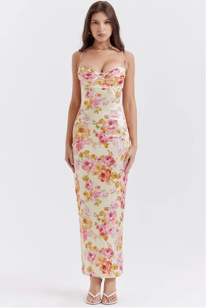 Amelia Floral Satin Maxi Dress — Svelte Chic