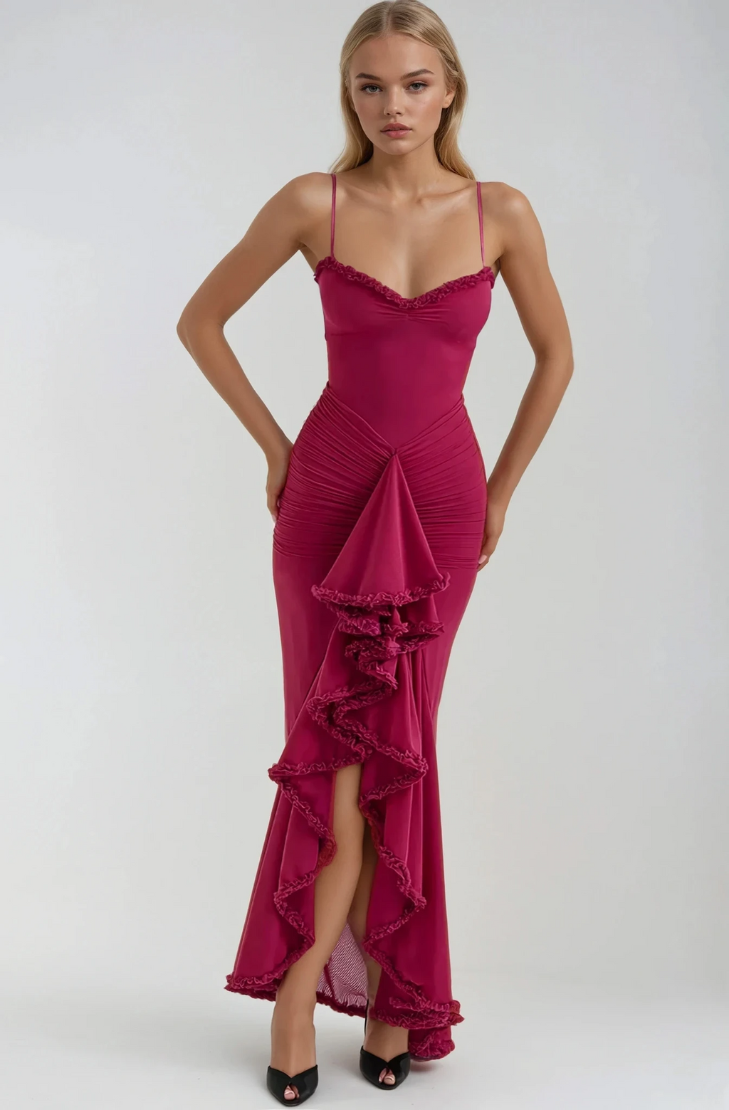 Ruby Ruffle Maxi Dress in Burgundy — Svelte Chic