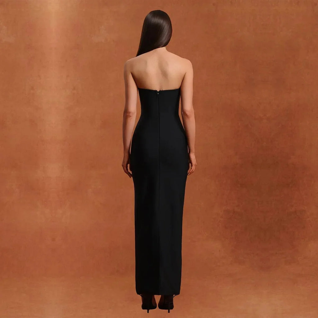 Princess Strapless Rhinestone Satin Maxi Dress in Black — Svelte Chic