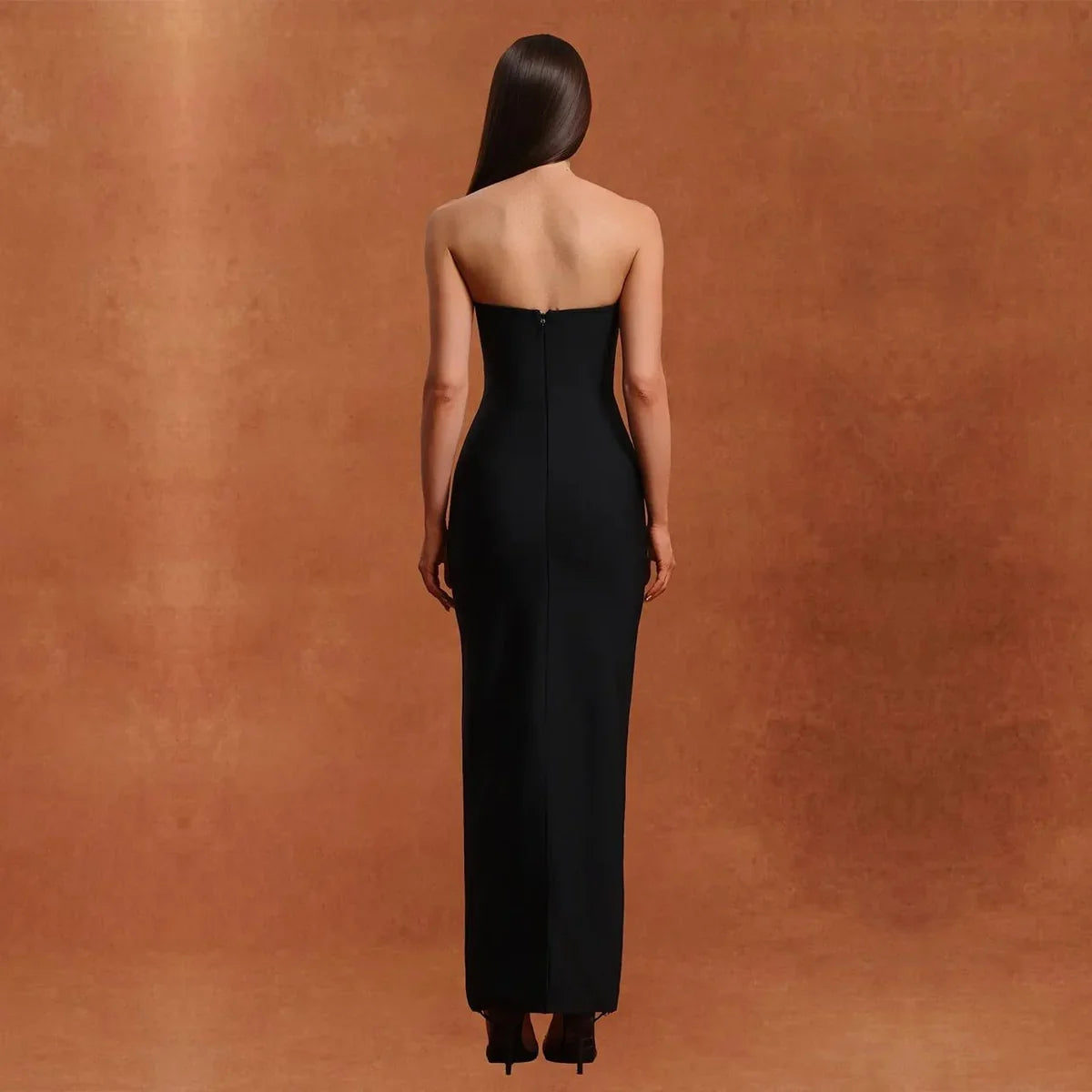 Princess Strapless Rhinestone Satin Maxi Dress in Black — Svelte Chic