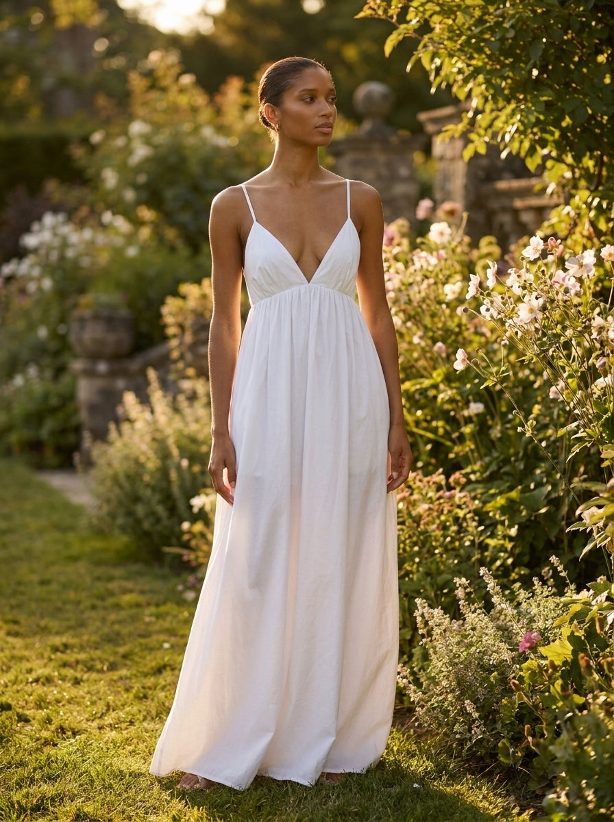 V-Neck Open Back Cotton Maxi Dress — Svelte Chic