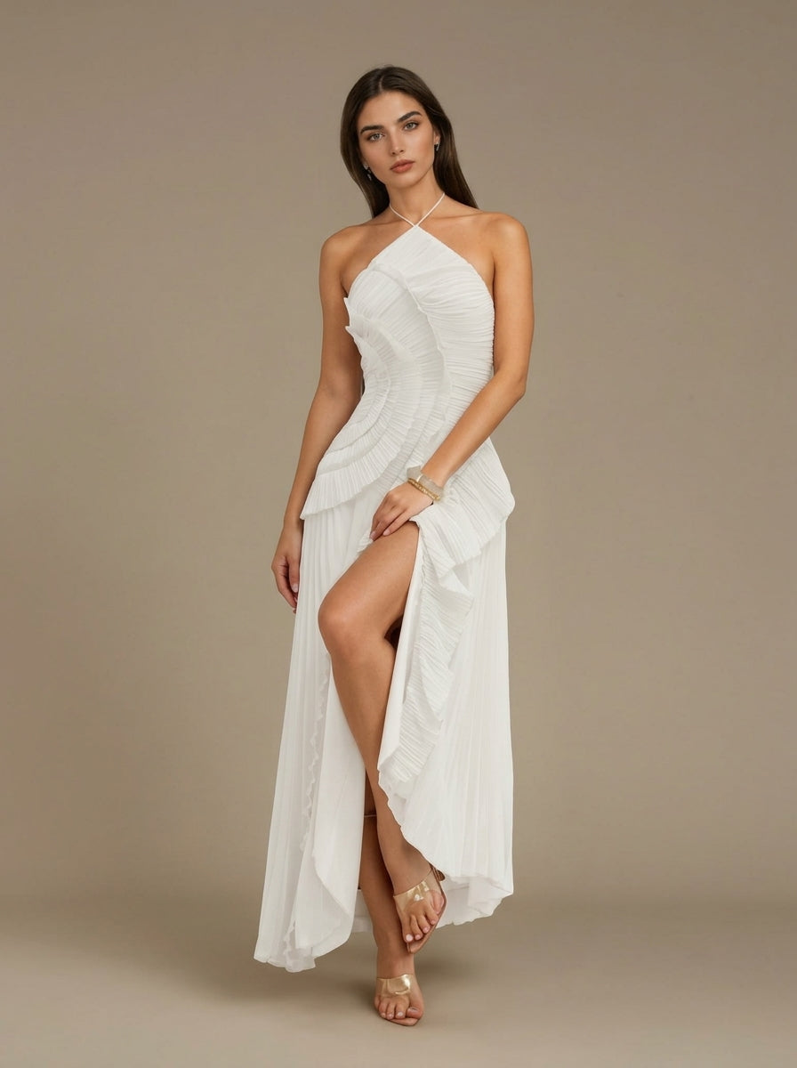 Flora Halter Pleated Maxi Dress in White — Svelte Chic
