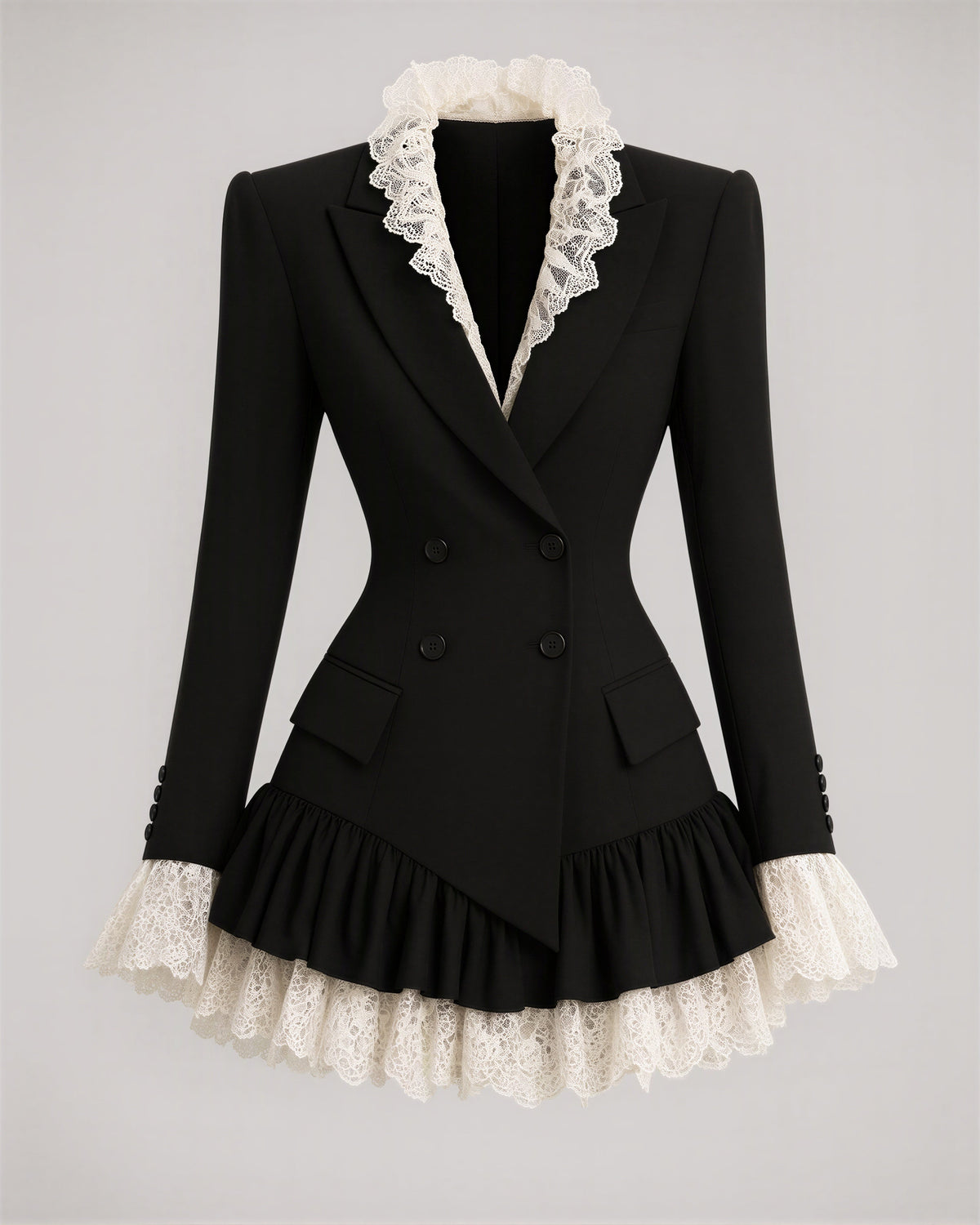 Adele Lace Ruffle Double Breasted Blazer Mini Dress, black, product view without a model