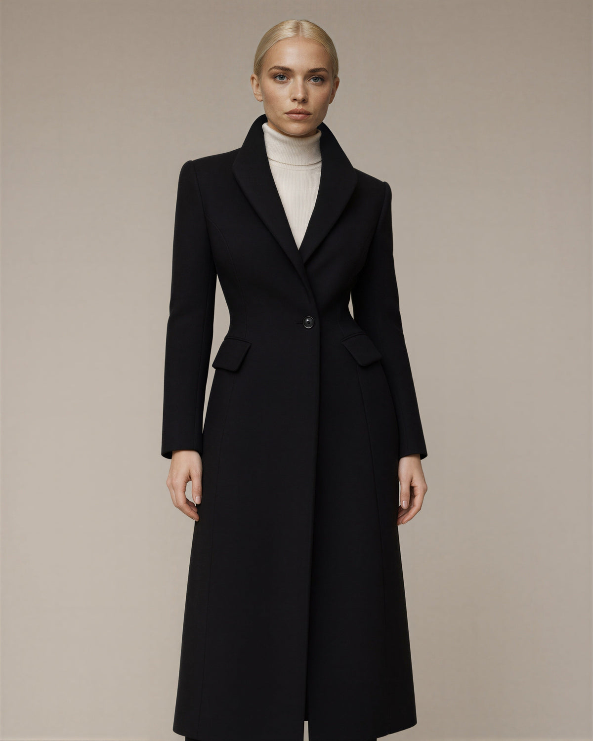 Adriana Single Button Long Blazer Coat, Black, black, front view