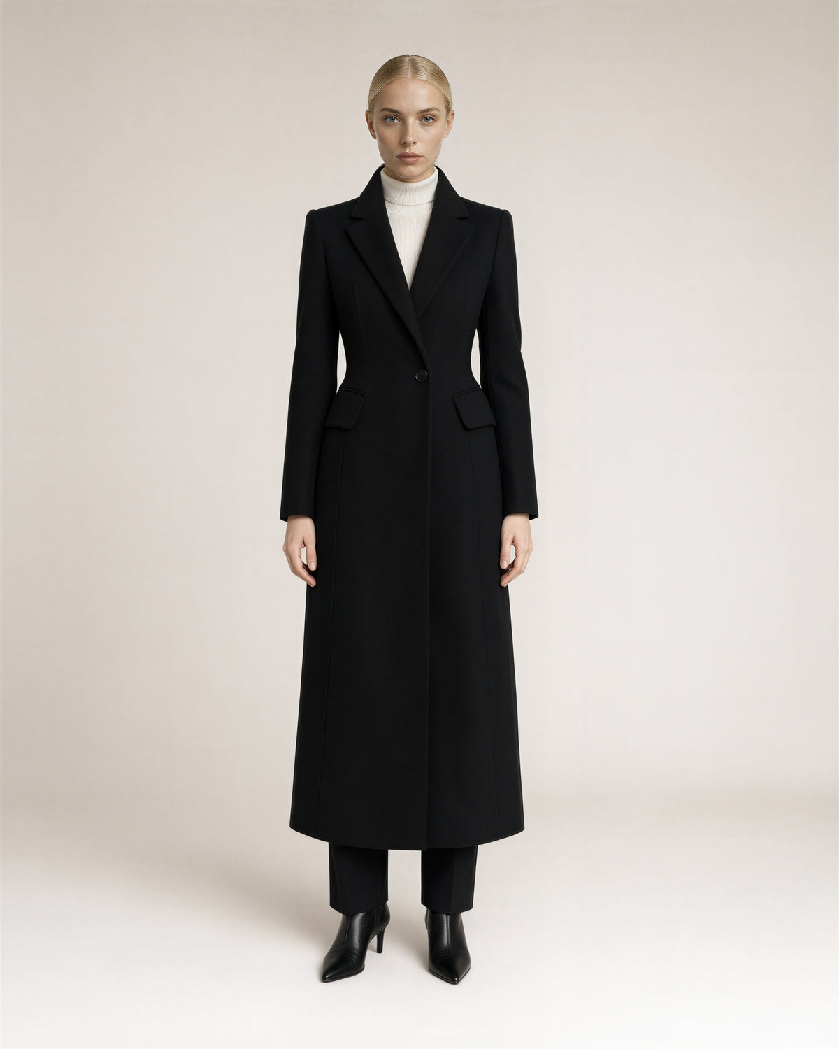 Adriana Single Button Long Blazer Coat, Black, black, full length front view