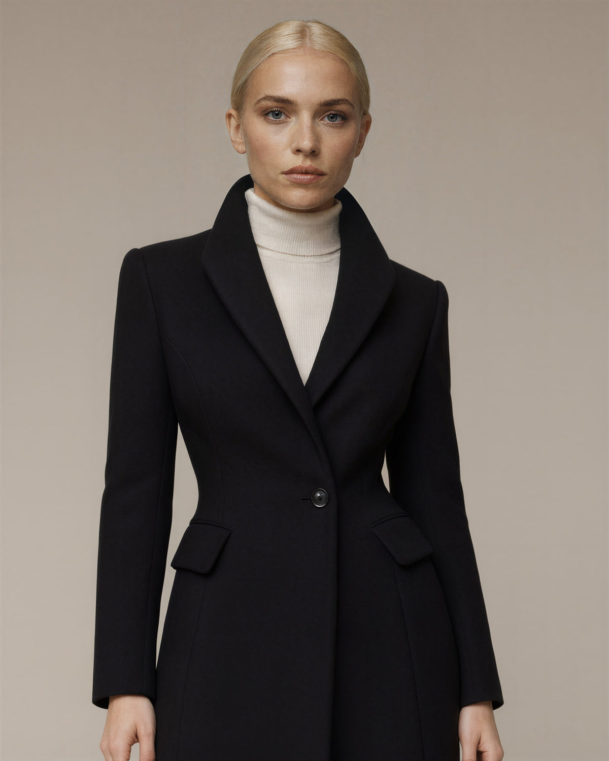 Adriana Single Button Long Blazer Coat, Black, black, close up above the waist