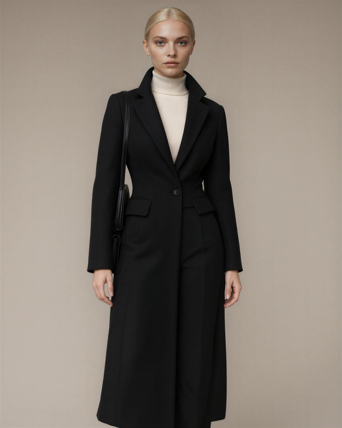 Adriana Single Button Long Blazer Coat, Black, black, three quarter view