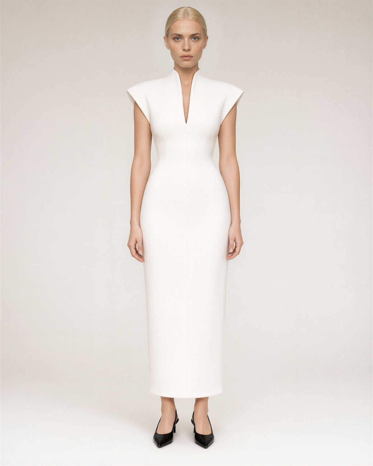Aelia Stand Collar Sleeveless Pencil Maxi Dress, off white, full length front view