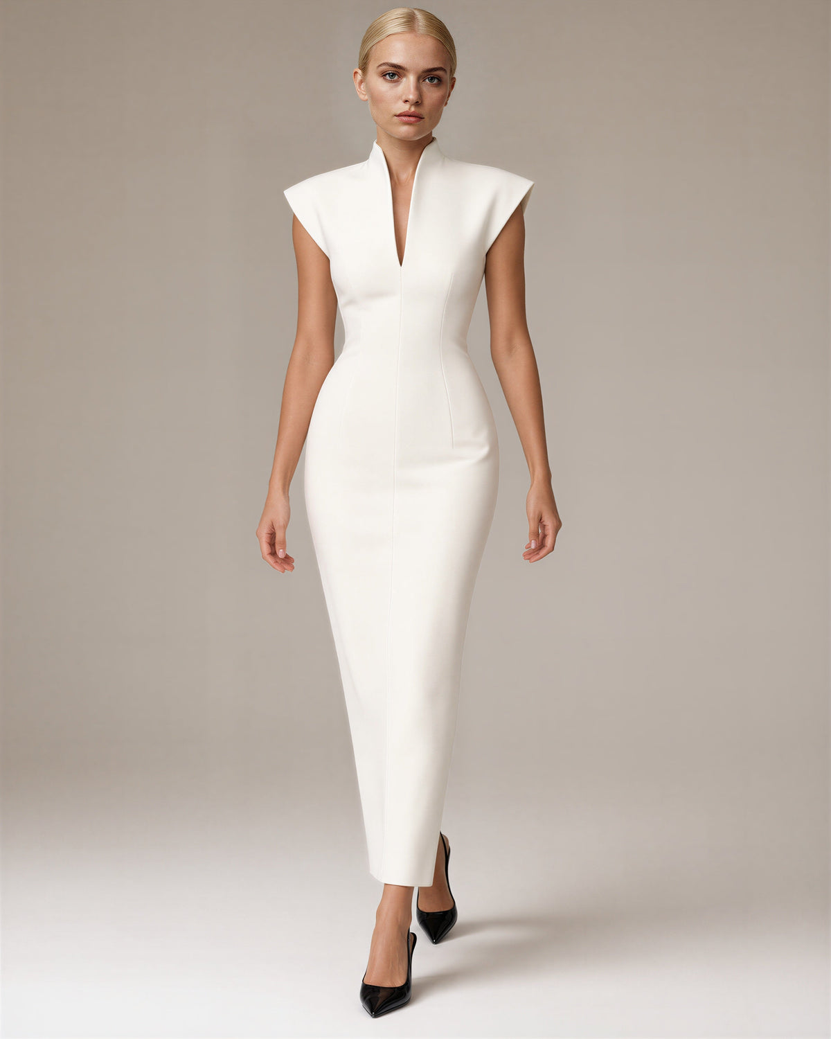 Aelia Stand Collar Sleeveless Pencil Maxi Dress, off white, full length walking view
