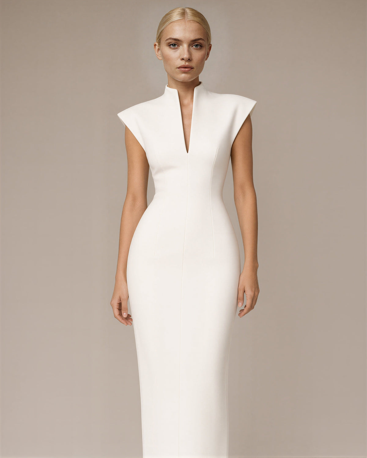 Aelia Stand Collar Sleeveless Pencil Maxi Dress, off white, front view