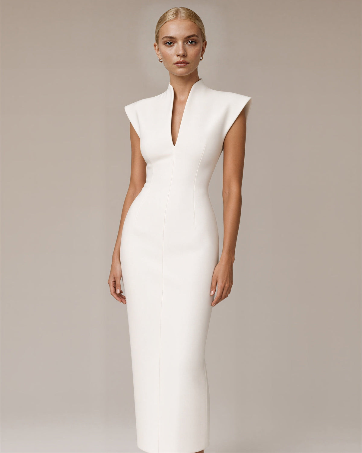 Aelia Stand Collar Sleeveless Pencil Maxi Dress, off white, three quarter view