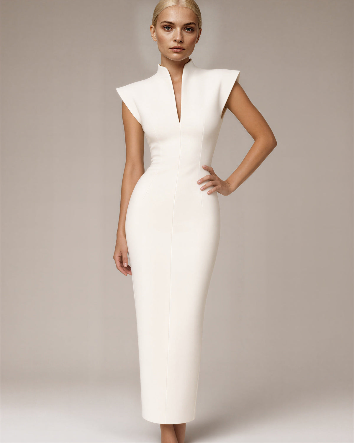 Aelia Stand Collar Sleeveless Pencil Maxi Dress, off white, front, hands on the waist