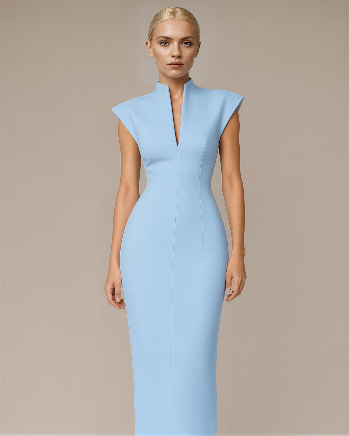 Aelia Stand Collar Sleeveless Pencil Maxi Dress, baby blue color option