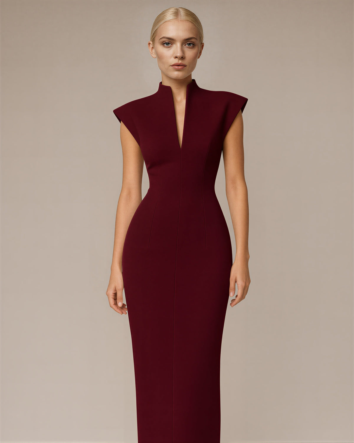 Aelia Stand Collar Sleeveless Pencil Maxi Dress, burgundy color option