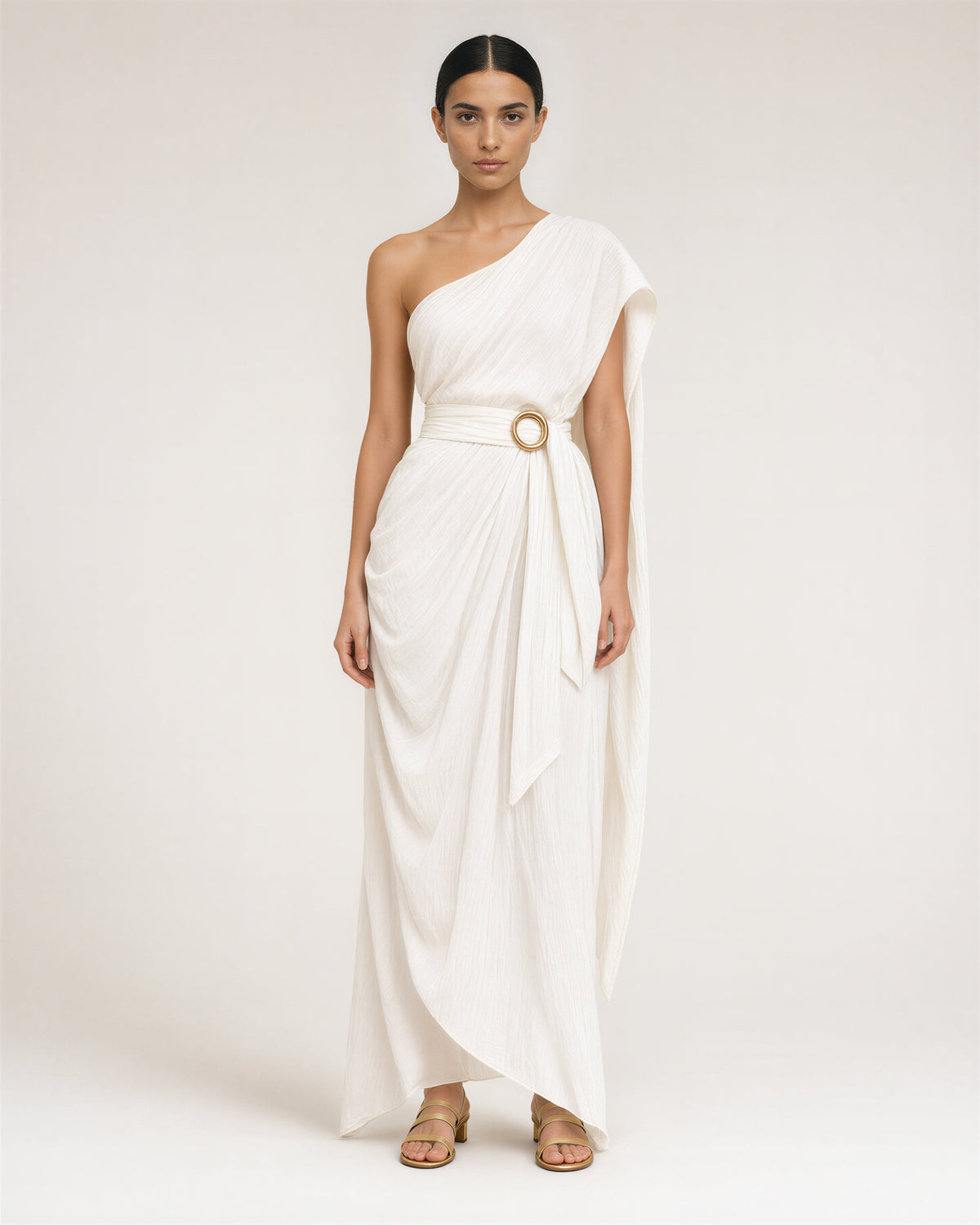 Agata One Shoulder Cape Ring Buckle Maxi Dress, off white, full length front view