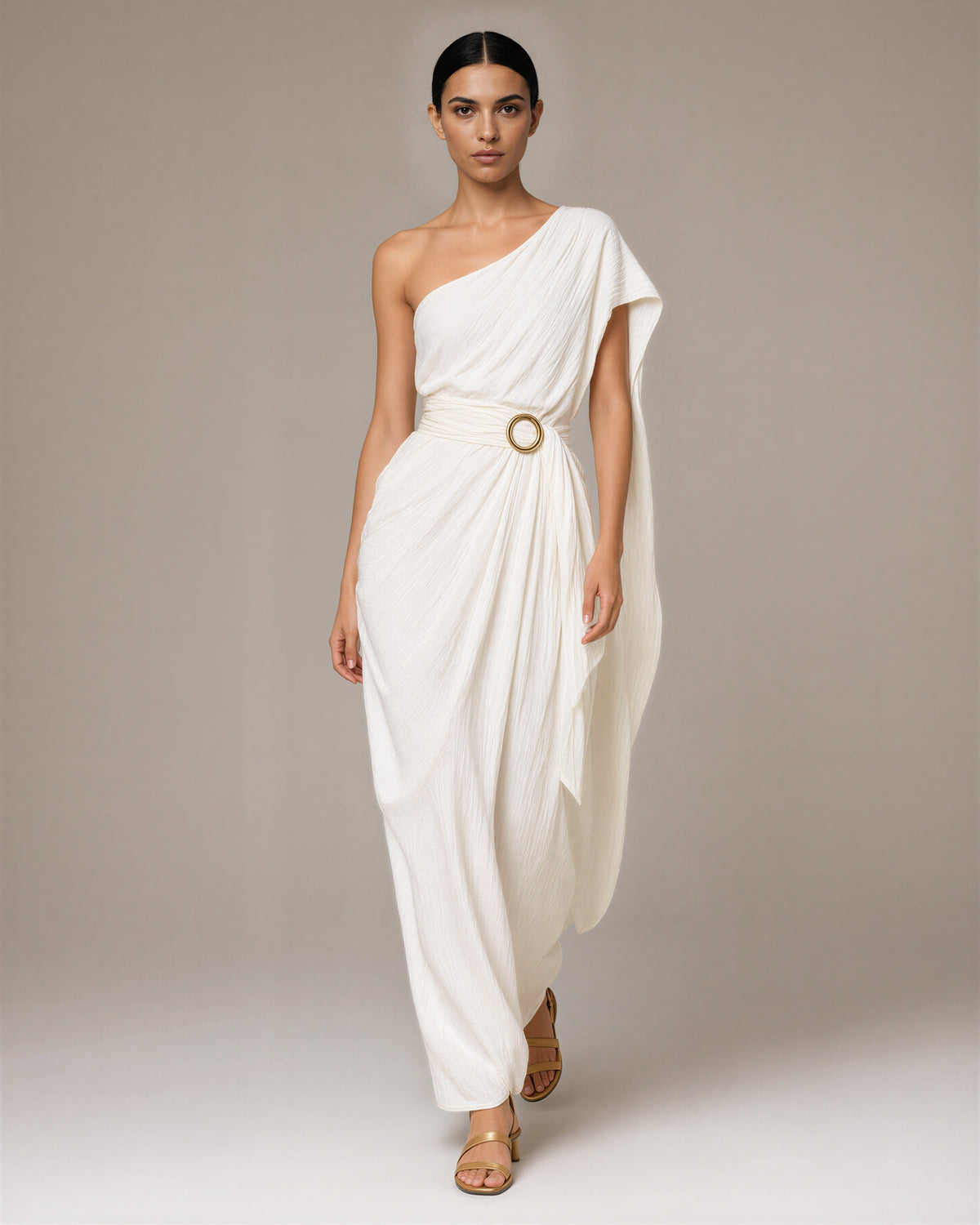 Agata One Shoulder Cape Ring Buckle Maxi Dress, off white, full length walking view