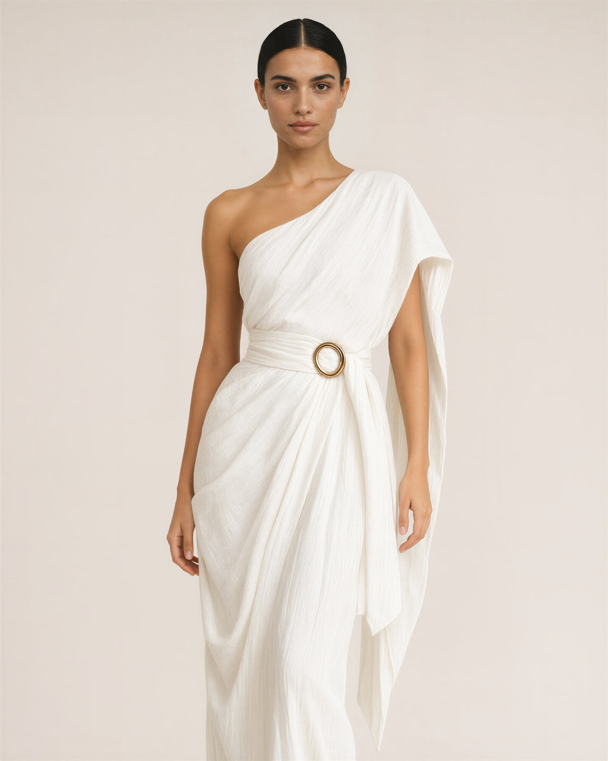 Agata One Shoulder Cape Ring Buckle Maxi Dress, off white, front view